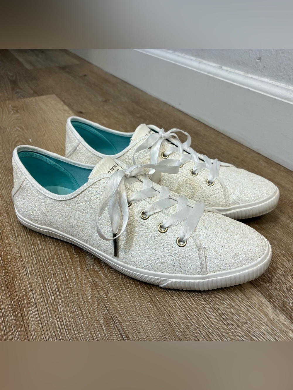 Kate Spade New York Trista Sneakers White Glitter Finish Ribbon Women’s US 10B